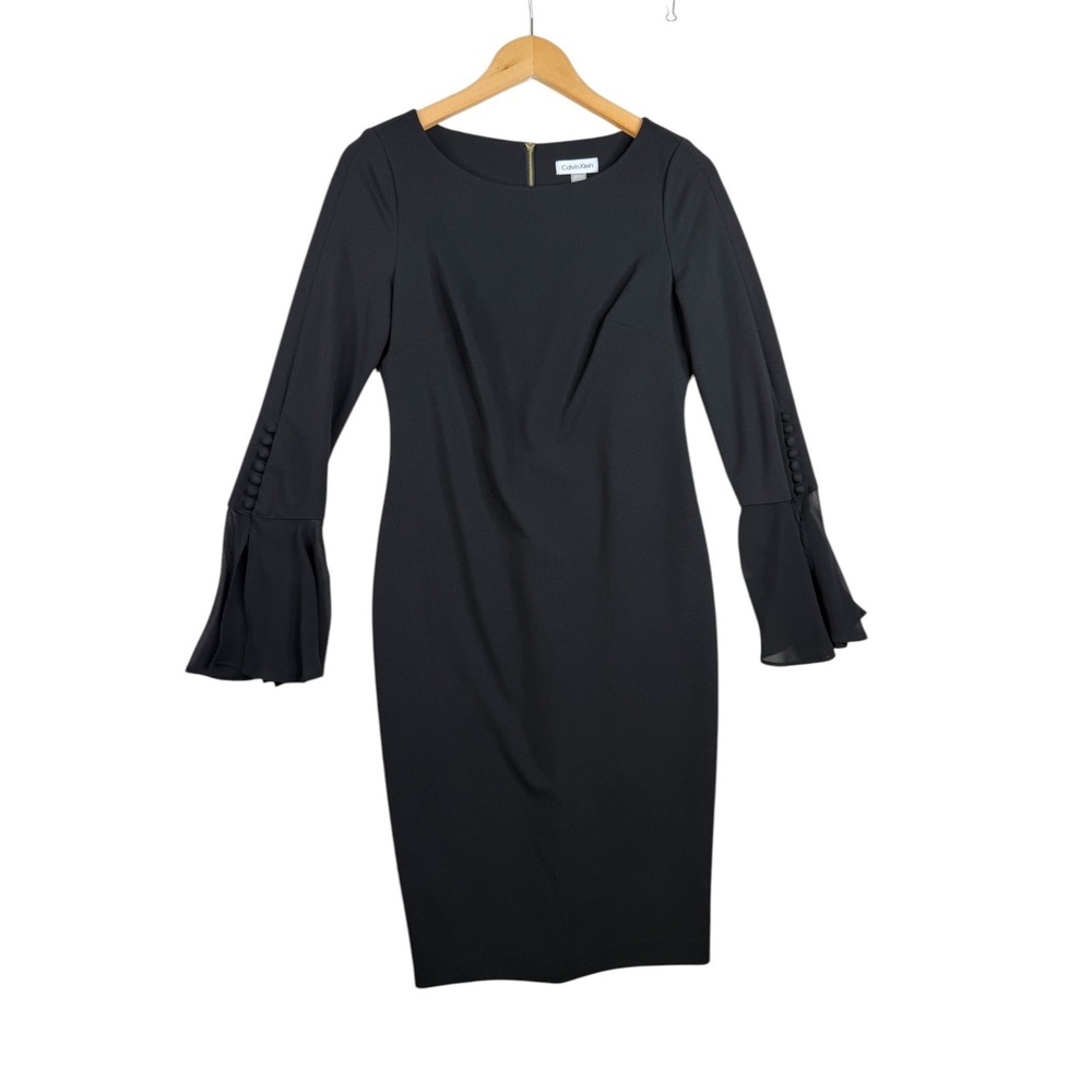 Calvin Klein Chiffon Bell Sleeve Sheath Dress size 8 Black